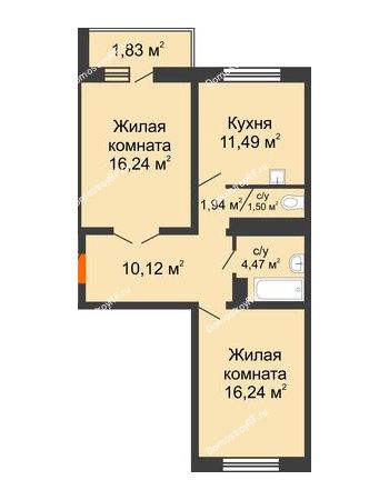 2 комнатная квартира 63,83 м² в ЖК Мой город, дом Литер 3
