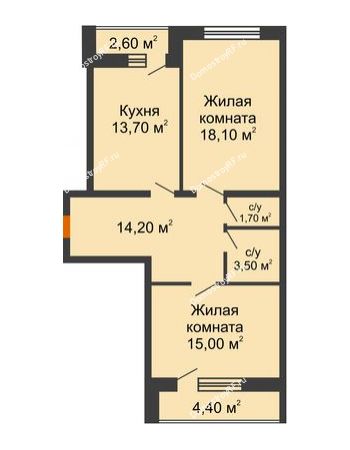 2 комнатная квартира 69,7 м² в ЖК Елецкий Лайт , дом № I-14