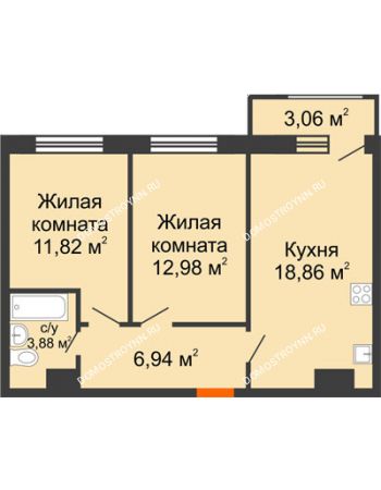 2 комнатная квартира 57,54 м² в ЖК Город времени, дом № 18