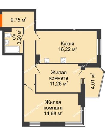 2 комнатная квартира 57,54 м² в ЖК Сердце Ростова 2, дом Литер 2