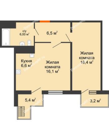 2 комнатная квартира 55,2 м² в ЖК Перемена, дом Литер 2