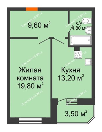 1 комнатная квартира 48,5 м² в ЖК Звездный-2, дом № 1