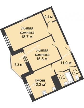 2 комнатная квартира 71,6 м² в ЖК Монолит, дом № 89, корп. 3