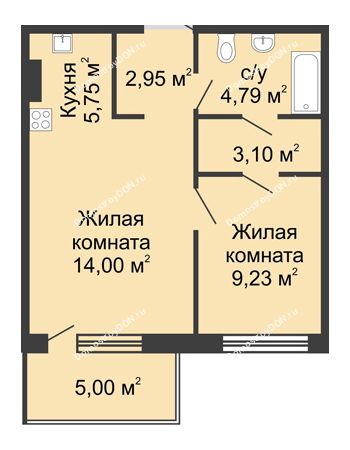 2 комнатная квартира 44,82 м² в ЖК Времена Года, дом № 1