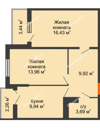 2 комнатная квартира 56,79 м² в ЖК Семейный парк, дом Литер 2