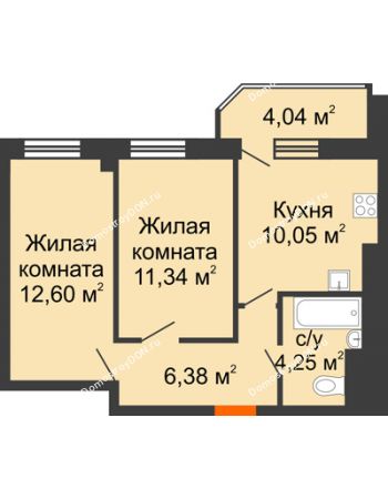 2 комнатная квартира 48,66 м² в ЖК Горизонт, дом № 2