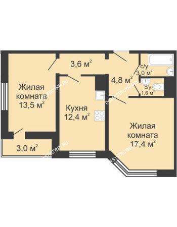 2 комнатная квартира 56,2 м² в ЖК Первомайский, дом № 5