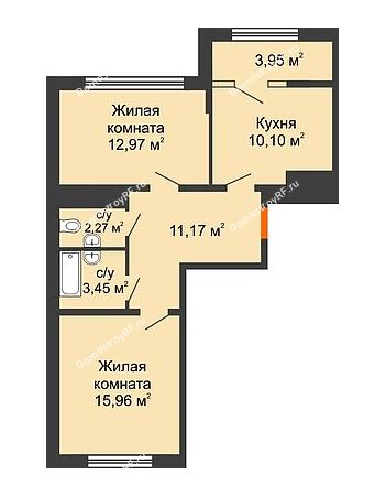 2 комнатная квартира 57,9 м² в ЖК Сердце, дом № 1