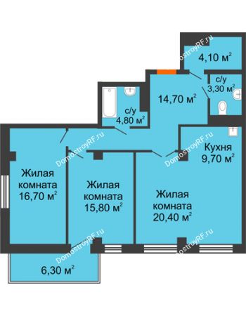 3 комнатная квартира 91,4 м² в ЖК Взлетная 7, дом 1-2 корпус