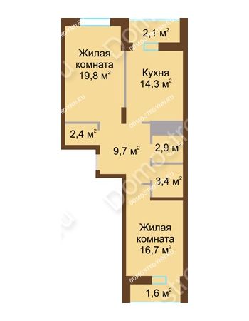 2 комнатная квартира 72,9 м² в ЖК Монолит, дом № 89, корп. 1, 2