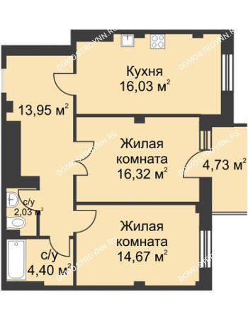2 комнатная квартира 68,82 м² в ЖК Премиум, дом №1