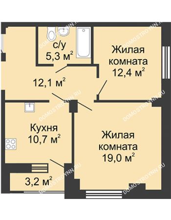 2 комнатная квартира 61,1 м² в ЖК Цветы, дом № 14