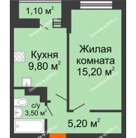 1 комнатная квартира 34,8 м² в ЖК SkyPark (Скайпарк), дом Литер 1, корпус 1, блок-секция 2-3 - планировка
