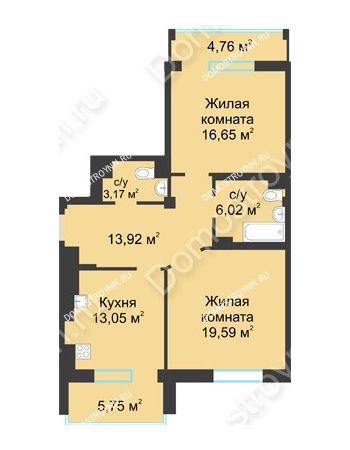 2 комнатная квартира 77,65 м² в ЖК Воскресенская слобода, дом №1