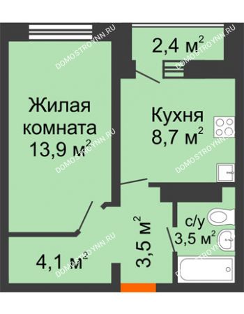 1 комнатная квартира 34,9 м² в ЖК Корабли, дом № 54