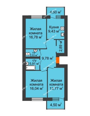 3 комнатная квартира 77,83 м² в ЖК Живём, дом № 2, квартал 3