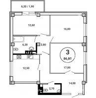 3 комнатная квартира 86,8 м² в ЖК Лебедь, дом № 50 - планировка
