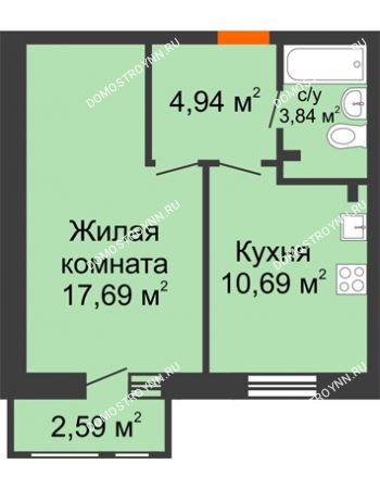 1 комнатная квартира 39,75 м² в ЖК Книги, дом № 2