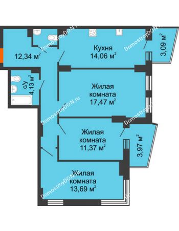 3 комнатная квартира 77,38 м² в ЖК Город у реки, дом Литер 7