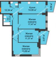 3 комнатная квартира 77,38 м² в ЖК Город у реки, дом Литер 7 - планировка