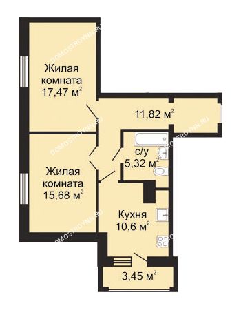 2 комнатная квартира 62,98 м² - ЖК Гелиос
