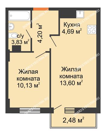 2 комнатная квартира 37,19 м² - ЖК Каскад на Ленина