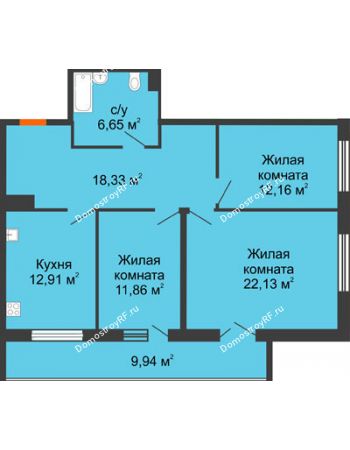 3 комнатная квартира 88,74 м² в ЖК Королев, дом № 1 (1, 2 подъезд)