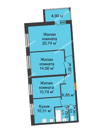 3 комнатная квартира 73,33 м² в ЖК АВИА, дом № 2