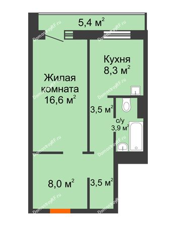 1 комнатная квартира 46,5 м² в ЖК Мичурино, дом № 3.2