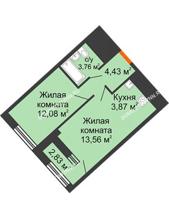 1 комнатная квартира 39,12 м² в ЖК Дом на Набережной, дом № 1