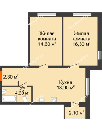 2 комнатная квартира 58,4 м² в ЖК Куйбышев, дом № 4