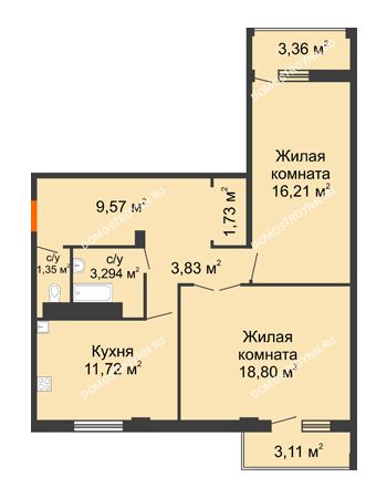 2 комнатная квартира 69,11 м² - ЖД по ул. Матросова (Арзамас)