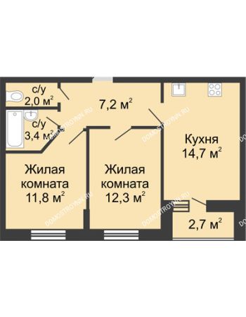 2 комнатная квартира 52,75 м² в ЖК Цветы, дом № 10