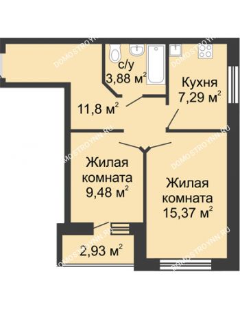 2 комнатная квартира 49,29 м² - ЖК Волжский-Берег	