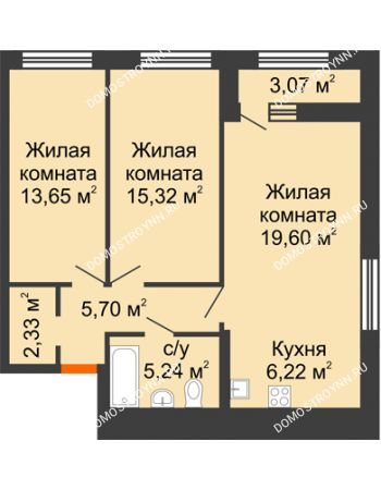 2 комнатная квартира 69,6 м² в ЖК Дом на Набережной, дом № 1