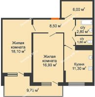 2 комнатная квартира 68,7 м² в ЖК Fresh (ЖК Фреш), дом Литер 2 - планировка