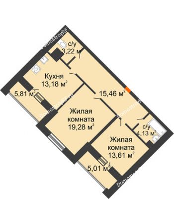 2 комнатная квартира 74,28 м² - ЖД Эльбрус