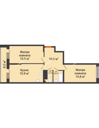 2 комнатная квартира 63,7 м² в ЖК Самолет, дом 4 очередь - Литер 22