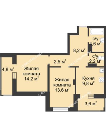 2 комнатная квартира 58,9 м² в ЖК Аквамарин, дом №8