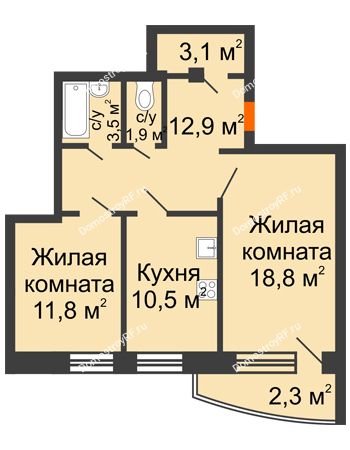 2 комнатная квартира 64,8 м² в ЖК Спутник, дом Позиция 9