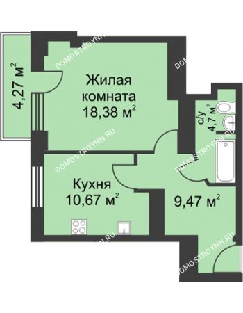 1 комнатная квартира 45,28 м² - ЖК На Ошарской