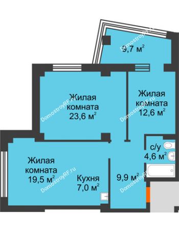 3 комнатная квартира 75,8 м² в ЖК Перья, дом № 1, 4 этап