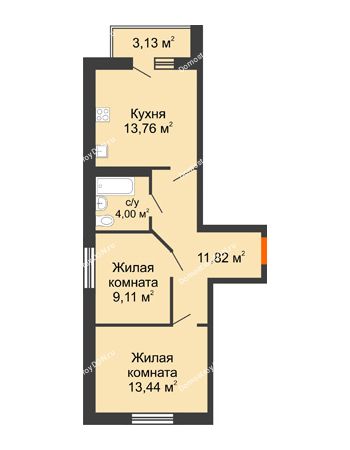 2 комнатная квартира 55,26 м² в ЖК Артемовский квартал, дом Секция 10