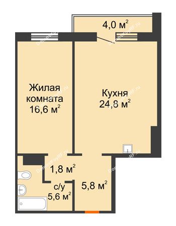 2 комнатная квартира 56,6 м² в ЖК на Калинина, дом № 2.1