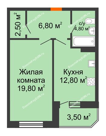 1 комнатная квартира 48,1 м² в ЖК Звездный-2, дом № 1