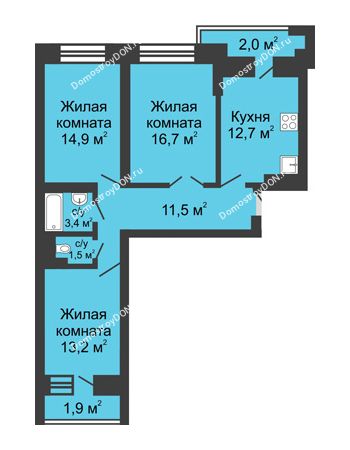 3 комнатная квартира 77,8 м² в ЖК Династия, дом Литер 1