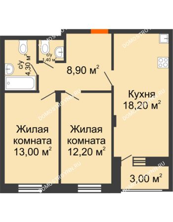 2 комнатная квартира 59,5 м² в ЖК Заречье, дом № 6