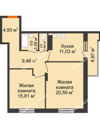 2 комнатная квартира 69,26 м² в ЖК Циолковский, дом № 4