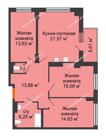 4 комнатная квартира 88,77 м² в ЖК Аврора, дом № 3