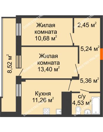 2 комнатная квартира 57,18 м² в ЖК Циолковский, дом № 6
